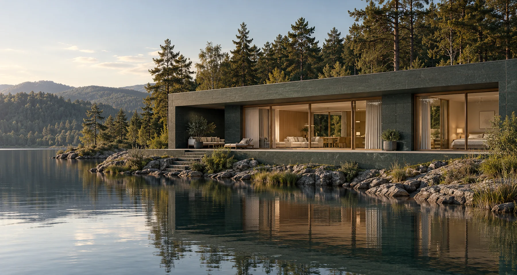 Architecture, light and landscape. A digital study for a thoughtfully designed retreat.